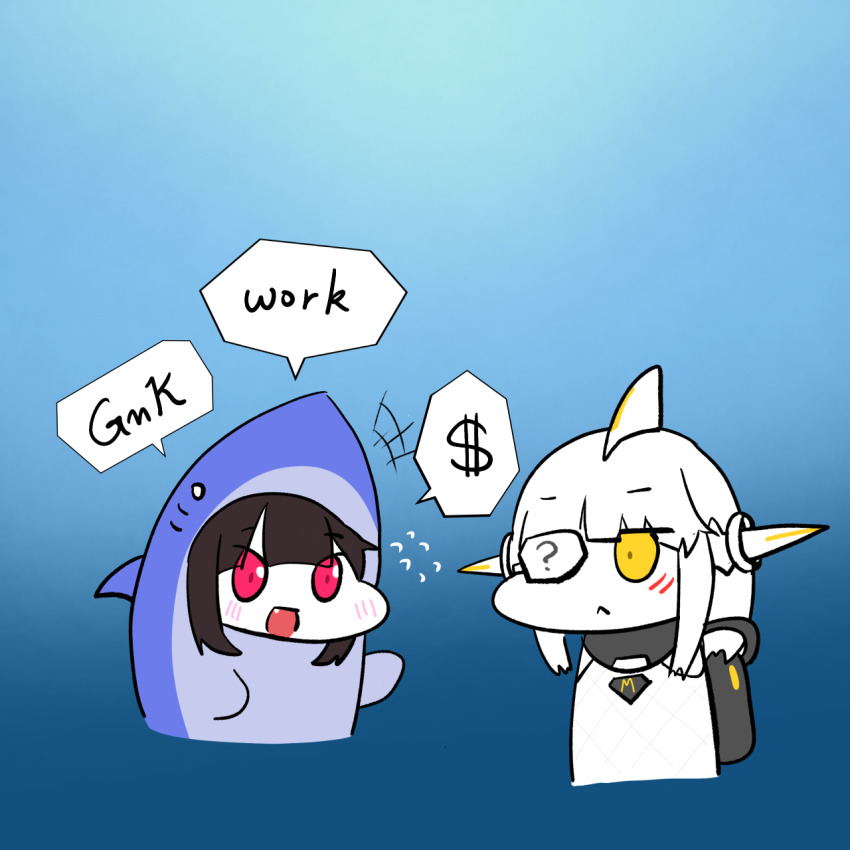 +++ 2girls :d ;&lt; ? alina_(girls&#039;_frontline) alina_(mosasaur_rider)_(girls&#039;_frontline) animal_costume architect_(girls&#039;_frontline) black_hair blue_background chibi closed_mouth commentary commentary_request dollar_sign english_commentary english_text expressive_clothes fang fins flying_sweatdrops girls&#039;_frontline head_fins highres jitome korean_commentary light_blush metal_eyepatch mixed-language_commentary multiple_girls nyto_(girls&#039;_frontline) official_alternate_costume open_mouth oxygen_tank paradeus raisin_bread_(artist) red_eyes sangvis_ferri scapular shark_costume smile spoken_dollar_sign upper_body white_hair yellow_eyes