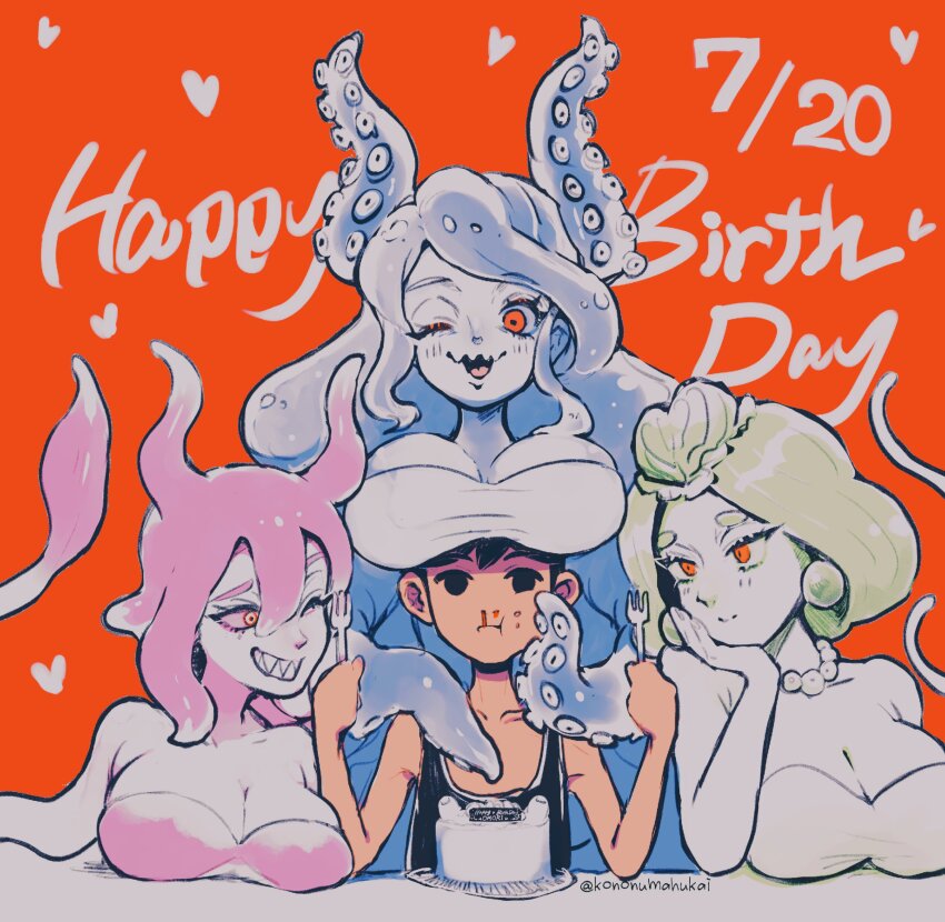1boy 3girls absurdres aroused_nosebleed black_eyes black_hair black_tank_top blue_hair blue_skin blush breast_rest breasts breasts_on_head cake cleavage closed_mouth colored_skin dated earrings food fork green_hair green_skin grin happy_birthday heart highres holding holding_fork ippaiotabe_mkw jewelry large_breasts long_hair looking_at_another marina_(omori) medusa_(omori) molly_(omori) monster_girl multiple_girls necklace nosebleed omori one_eye_closed open_mouth orange_background parted_lips pink_hair pink_skin plate red_eyes sharp_teeth short_hair simple_background slime_girl smile tank_top teeth tentacle_hair tentacles twitter_username