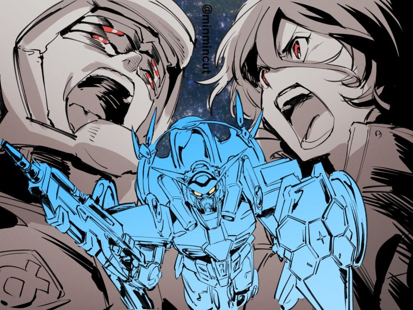 2boys beam_rifle bellri_zenam chanmura energy_gun floating_hair flying g-self gun gundam gundam_g_no_reconguista hair_between_eyes helmet holding holding_gun holding_shield holding_weapon male_focus mask mask_(gundam_g_no_reconguista) mecha mecha_pilot_suit mobile_suit multiple_boys normal_suit_(gundam) open_mouth pilot_suit red_eyes robot science_fiction shield shirt spot_color v-shaped_eyebrows weapon