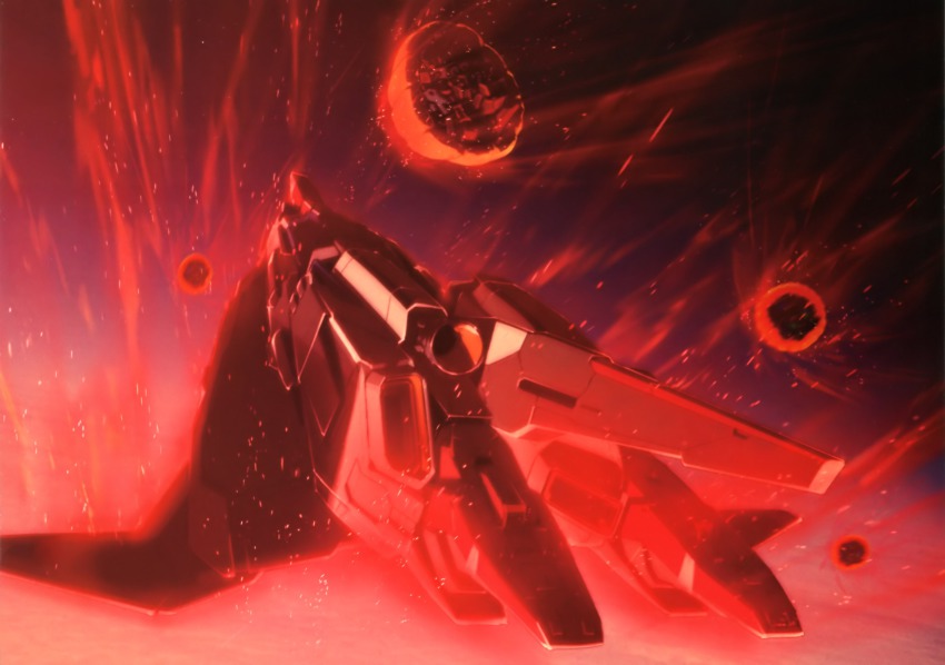 armor atmospheric_entry aura burning embers energy fire friction_burn glowing gundam heat highres kenki_fujioka machinery mecha no_humans official_art plasma red_theme rick_dias robot space zeta_gundam zeta_gundam_(mobile_suit)