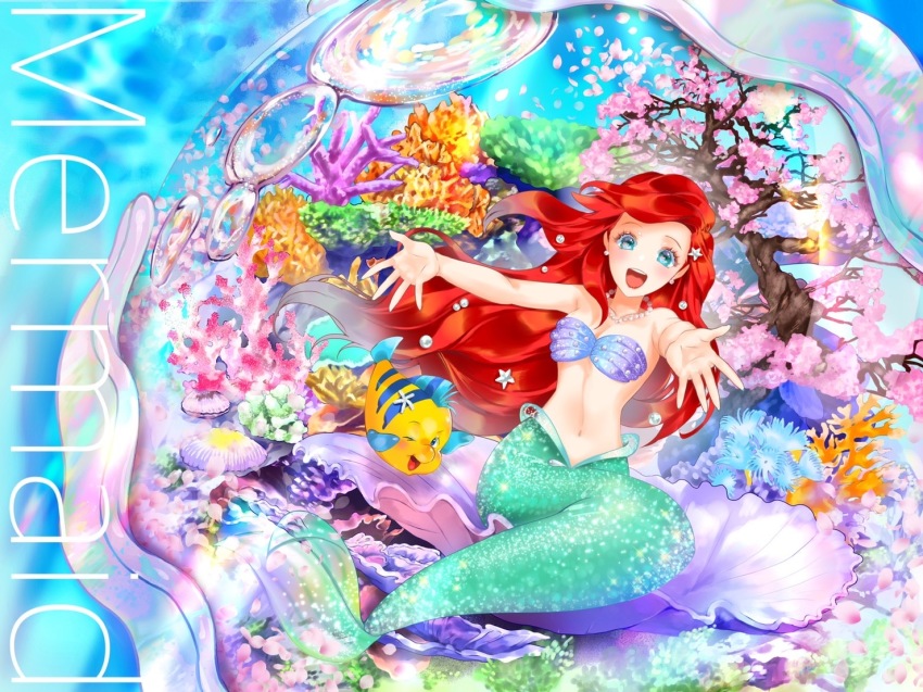 1girl :d aqua_eyes ariel_(disney) bare_shoulders bikini blue_background breasts cherry_blossoms cleavage collarbone commentary_request coral coral_reef disney earrings fish flounder_(the_little_mermaid) full_body hair_ornament jewelry long_hair looking_at_viewer makeup mermaid monster_girl navel necklace one_eye_closed open_mouth outstretched_arms pearl_necklace reaching reaching_towards_viewer red_hair shell shell_bikini sitting small_breasts smile solo_focus stomach swimsuit teeth the_little_mermaid_(disney) tree uniko_(monyonyo03) upper_teeth_only