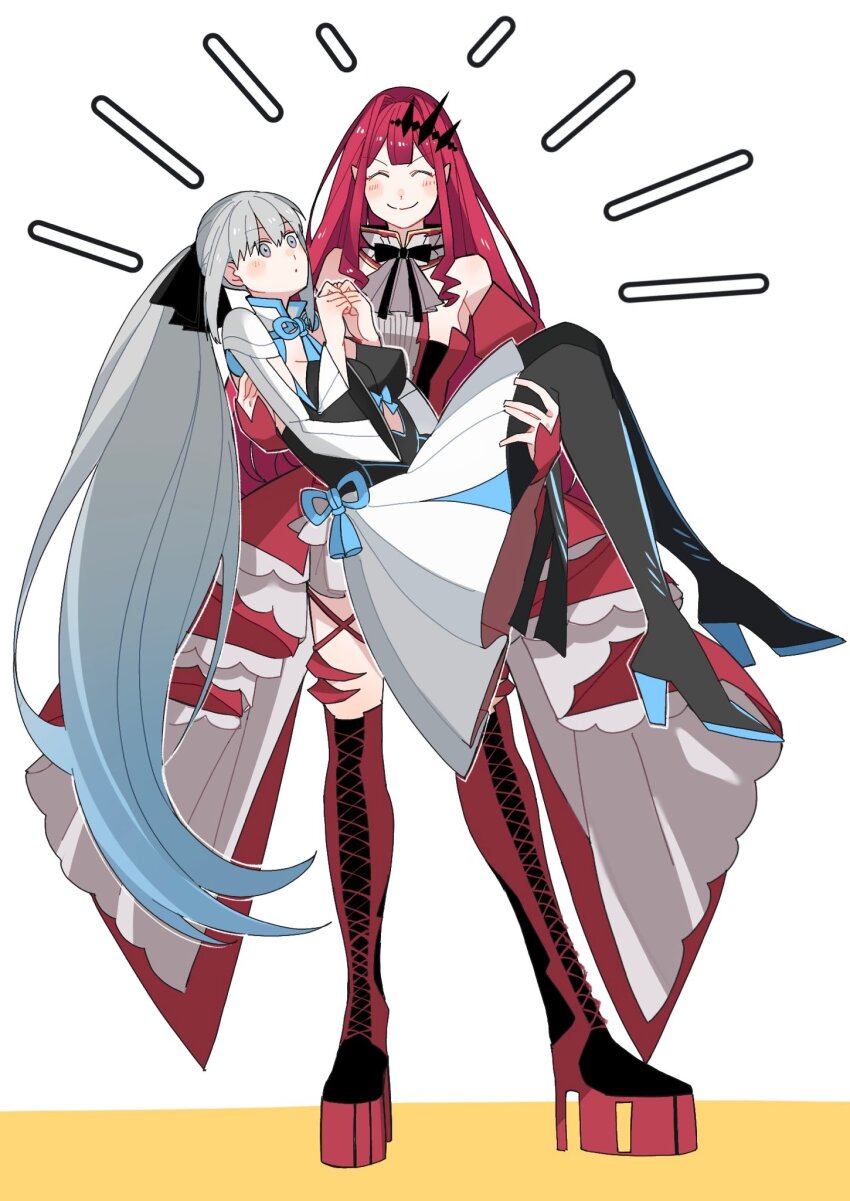 2girls baobhan_sith_(fate) baobhan_sith_(first_ascension)_(fate) black_bow black_thighhighs blue_eyes blush bow braid carrying closed_eyes euhage73 fate/grand_order fate_(series) full_body hair_between_eyes hair_bow half_up_braid highres long_hair long_sleeves morgan_le_fay_(fate) morgan_le_fay_(first_ascension)_(fate) mother_and_daughter multiple_girls pink_hair ponytail smile standing thighhighs very_long_hair white_hair wide_sleeves