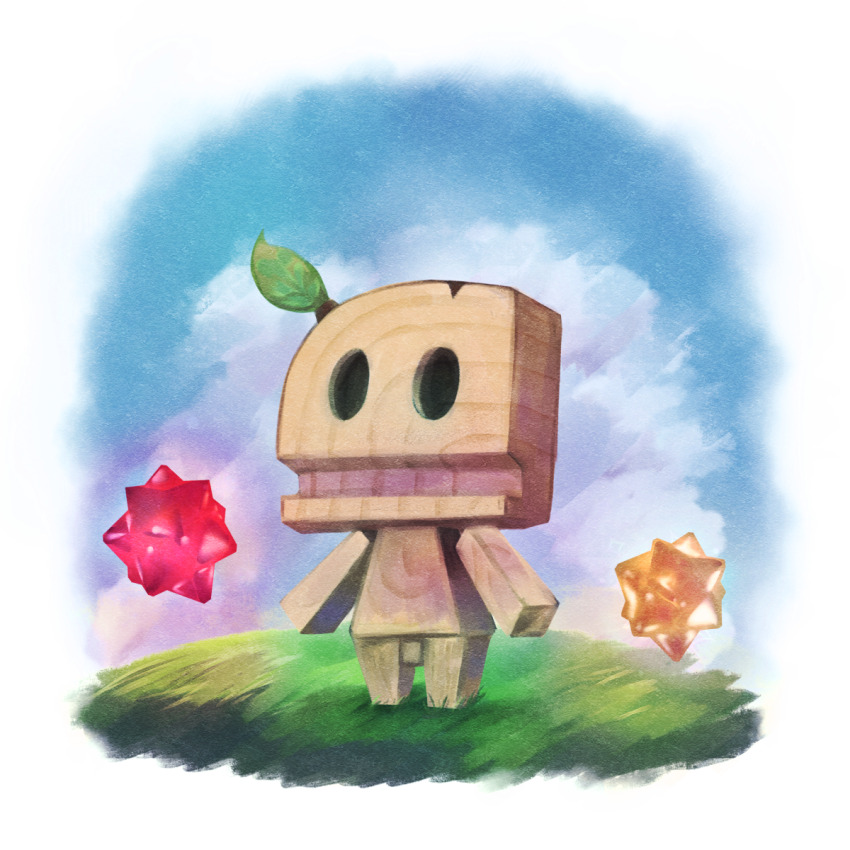 blue_sky cloud commentary_request day full_body grass highres hollow_eyes leaf leaf_on_head mario_(series) nintendo no_humans omochiutyu simple_background sky solo star_bit super_mario_galaxy_2 white_background whittle_(super_mario_galaxy_2) wood