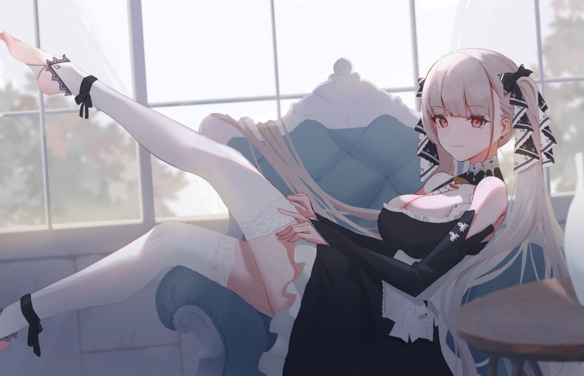 1girl azur_lane bare_shoulders between_breasts black_dress black_ribbon breasts cleavage clothing_cutout couch day dress foot_out_of_frame formidable_(azur_lane) frilled_dress frills from_side grey_hair hair_ribbon highres indoors lace lace-trimmed_thighhighs lace_trim large_breasts long_hair looking_at_viewer looking_to_the_side lying necktie necktie_between_breasts on_back on_couch red_eyes ribbon round_table shoulder_cutout solo table thighhighs twintails two-tone_dress two-tone_ribbon very_long_hair wesly2300 white_dress white_ribbon white_thighhighs window wooden_table