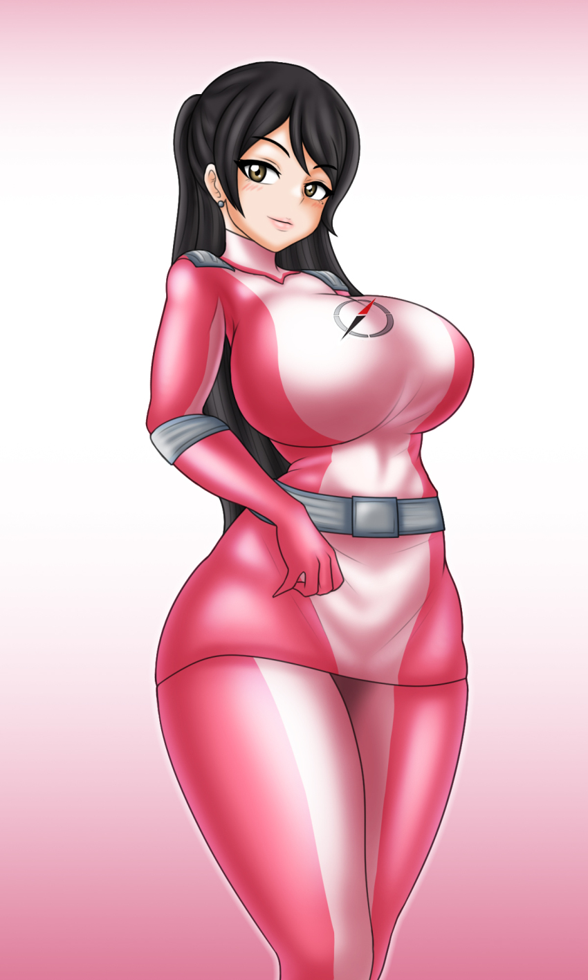 1girl black_hair bodysuit breasts gogo_sentai_boukenger hazel_eyes highres huge_breasts large_breasts nishihori_sakura no_headwear pin_up solo super_sentai treezero