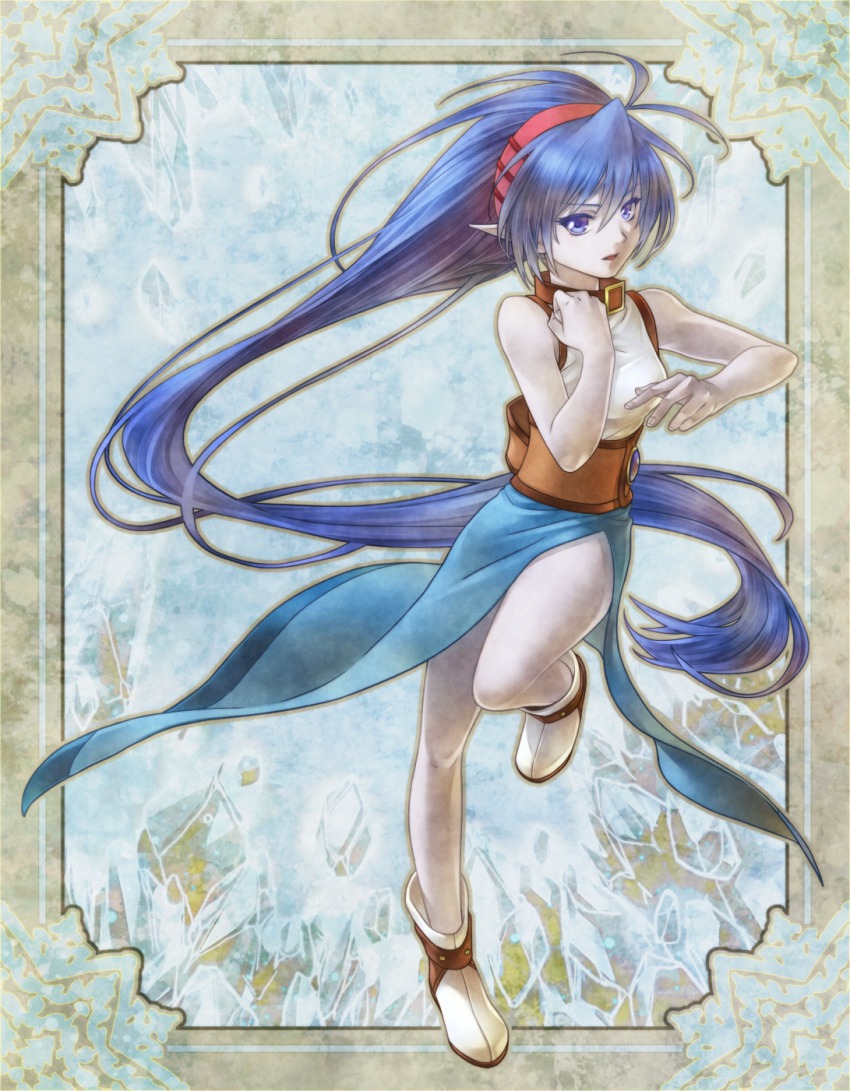 00s 1girl bad_id bad_pixiv_id black_dress blue_background blue_eyes blue_hair celsius_(tales) colored_skin dress female_focus fighting_stance full_body hairband highres ice imonosato long_hair matching_hair/eyes pointy_ears shirt shoes side_slit sleeveless sleeveless_shirt solo tales_of_(series) tales_of_eternia very_long_hair white_shoes white_skin