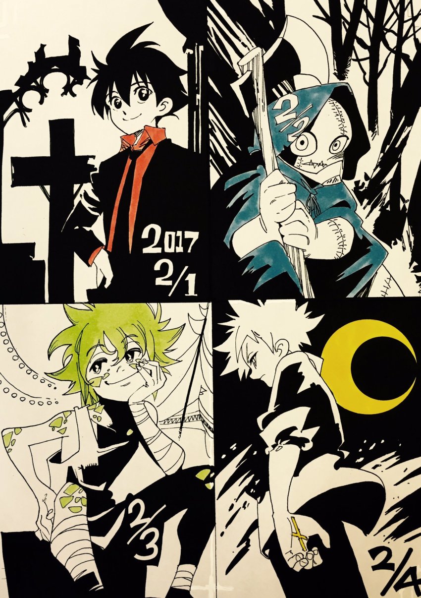 4boys arai_takahiro axe black_hair cloak colored_skin darren_shan evra_von formal_clothes green_hair grey_skin harkat_mulds highres holding holding_axe holding_weapon hood hood_up hooded_cloak monster_boy multiple_boys official_art scales scar shirt short_hair smile steve_leonard suit tank_top the_saga_of_darren_shan traditional_media weapon white_shirt