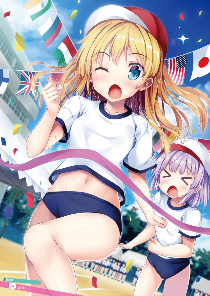 &gt;_&lt; 2girls absurdres american_flag baseball_cap blonde_hair blue_buruma blue_eyes blue_sky blurry blurry_background blush building buruma closed_eyes cloud confetti day depth_of_field finish_line finnish_flag flags_of_all_nations gym_shirt gym_uniform hat highres indian_flag italian_flag japanese_flag long_hair looking_at_viewer multiple_girls navel one_eye_closed open_mouth original outdoors purple_hair red_headwear running russian_flag shirt short_sleeves sky sparkle string_of_flags sweat swiss_flag tateha_(marvelous_grace) union_jack white_headwear white_shirt