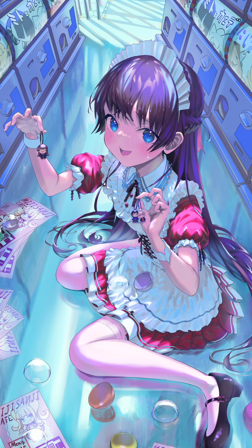 1girl absurdres apron atatatatame01 black_shoes blue_eyes blush charm_(object) collared_dress commentary cross-laced_clothes dress flyer frilled_apron frills full_body gashapon half_updo highres holding holding_charm long_hair looking_at_viewer maid maid_apron maid_headdress mary_janes nervous_smile nijisanji on_floor open_mouth pleated_dress puffy_short_sleeves puffy_sleeves purple_hair red_dress shoes short_sleeves sitting smile solo sweatdrop thighhighs tsukino_mito tsukino_mito_(9th_costume) very_long_hair virtual_youtuber wariza white_apron white_thighhighs wrist_cuffs