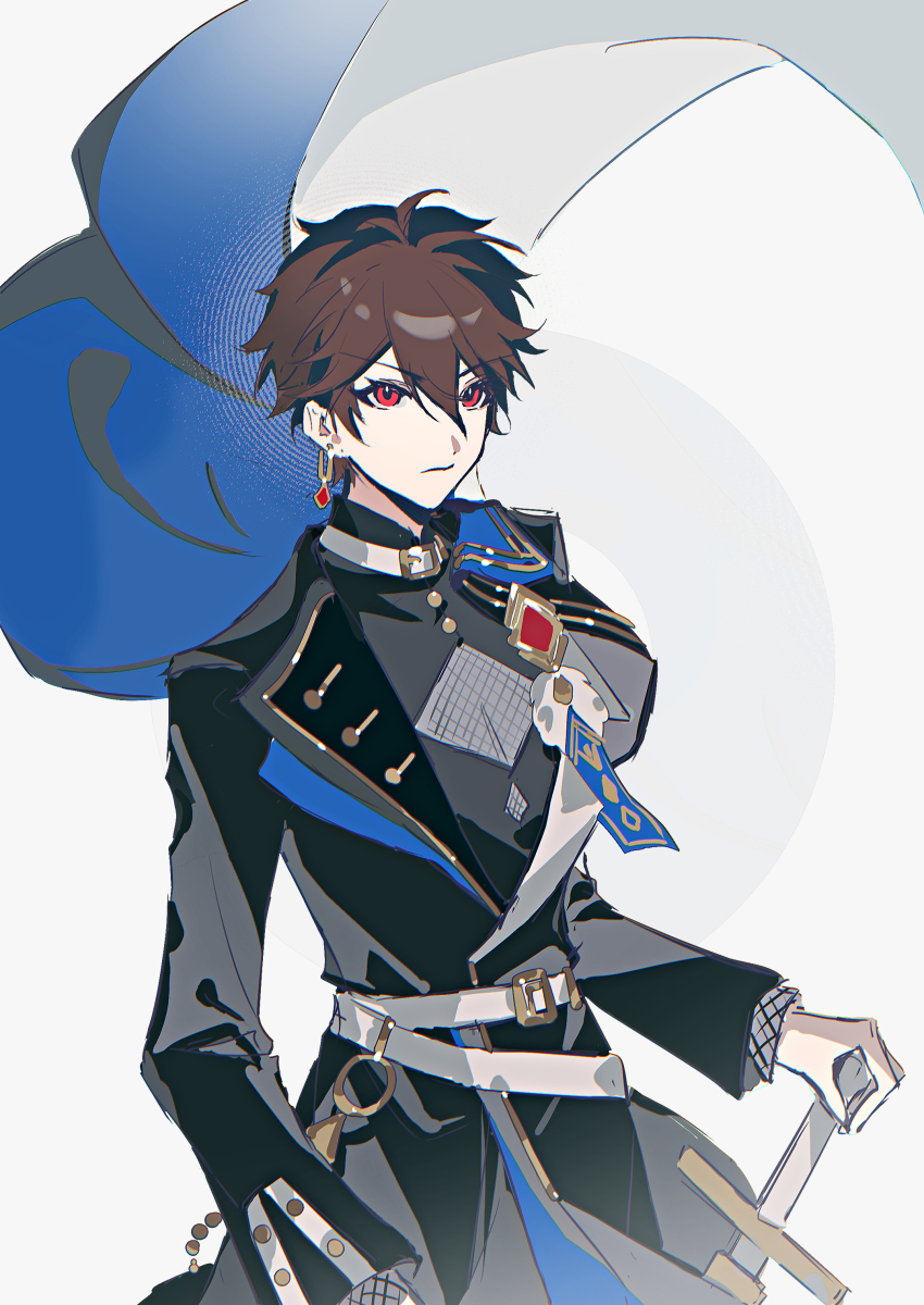 1boy absurdres belt black_jacket brown_hair cape chinese_commentary closed_mouth earrings ensemble_stars! facing_viewer floating_cape hair_between_eyes high_collar highres holding holding_sword holding_weapon jacket jewelry long_sleeves male_focus morisawa_chiaki official_alternate_costume ppzi567 red_eyes short_hair simple_background solo sword weapon white_background white_belt
