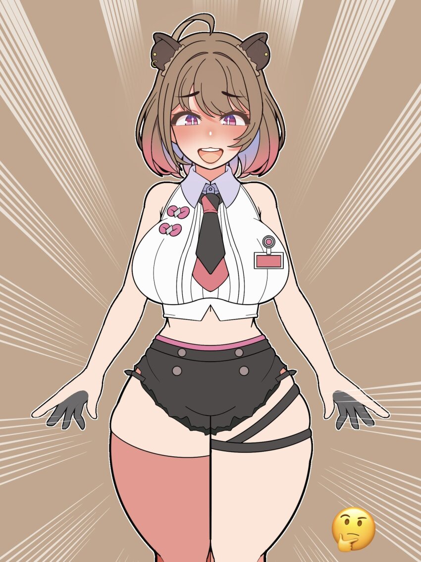 1girl ahoge animal_ears black_necktie black_shorts blush breasts brown_background brown_hair capybara_ears capybara_girl collared_shirt commentary_request cowboy_shot crop_top emoji emphasis_lines gradient_hair highres kuroirito large_breasts looking_at_viewer midriff multicolored_hair nanashi_inc. navel necktie nose_blush open_mouth pink_eyes pink_hair pink_thighhighs shirt short_hair shorts simple_background single_thighhigh sleeveless sleeveless_shirt smile solo teeth thick_thighs thighhighs thighs thinking_emoji upper_teeth_only virtual_youtuber white_shirt wide_hips yunohara_izumi