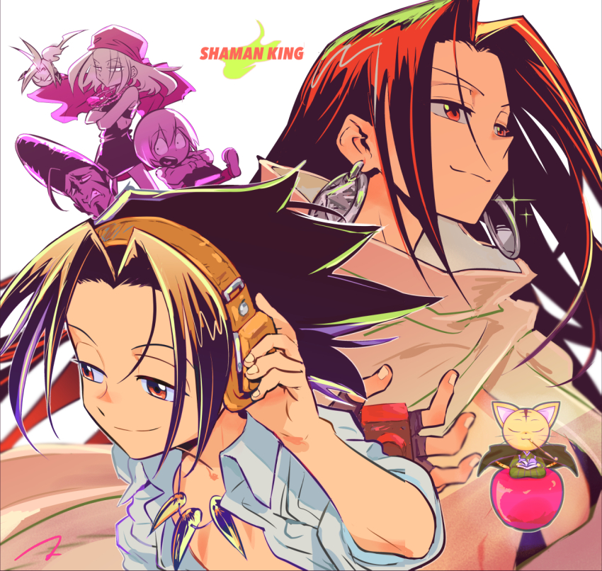 1girl 4boys amidamaru asakura_hao asakura_yoh bandana beads cat commentary copyright_name fingerless_gloves geta gloves headphones highres jewelry kiseru kyouyama_anna long_hair matahei matamune multiple_boys necklace nekomata open_clothes open_shirt oyamada_manta pompadour prayer_beads red_bandana shaman_king short_hair signature simple_background smoking_pipe spirit tooth_necklace umemiya_ryuunosuke white_background