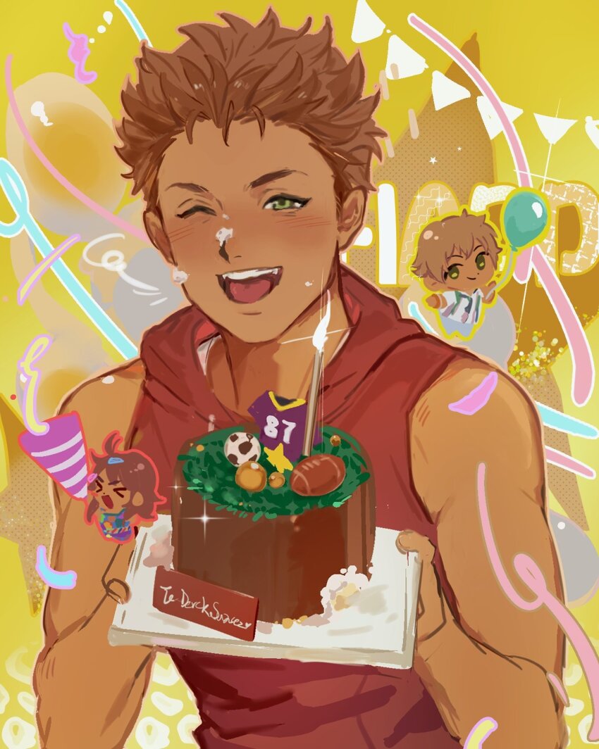 1boy ;d american_football_(object) ball balloon blush brown_hair bunting cake confetti derek_suarez doodle_inset english_text food green_eyes hair_floating_upwards highres holding holding_cake holding_food hood hood_down hoodie jersey light_particles looking_at_viewer male_focus one_eye_closed open_mouth our_life:_beginnings_and_always party_popper playing_sports red_hoodie short_hair sign sleeveless sleeveless_hoodie smile soccer_ball solo sparkle star_(symbol) teeth toned toned_male upper_teeth_only xrsjbz