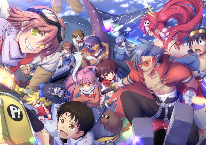 00s 10s 1990s_(style) 4boys 6+girls ayanami_rei boota_(ttgl) chuck_(psg) cloud company_connection crossover day dix-neuf flcl from_above fushigi_no_umi_no_nadia gainax haruhara_haruko honekoneko_(psg) ikari_shinji imo_bouya jean_roque_lartigue jean_roque_raltique kamina_(ttgl) lagann lal&#039;c_mellk_mal mecha motor_vehicle multiple_boys multiple_girls nadia_la_arwall neon_genesis_evangelion nono_(top_wo_nerae_2!) panty_&amp;_stocking_with_garterbelt panty_(psg) retro_artstyle robot scooter simon_(ttgl) sky souryuu_asuka_langley stocking_(psg) takaya_noriko tengen_toppa_gurren_lagann top_wo_nerae! top_wo_nerae!_(series) top_wo_nerae_2! vehicle vespa yoko_littner