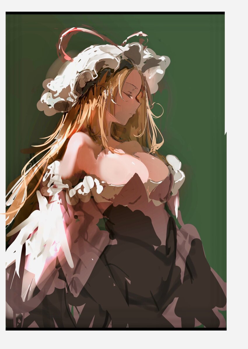 1girl bare_shoulders blonde_hair breasts cleavage closed_eyes dress frills from_side green_background hat highres large_breasts long_hair mob_cap po_(anhk5528) simple_background sketch solo touhou yakumo_yukari