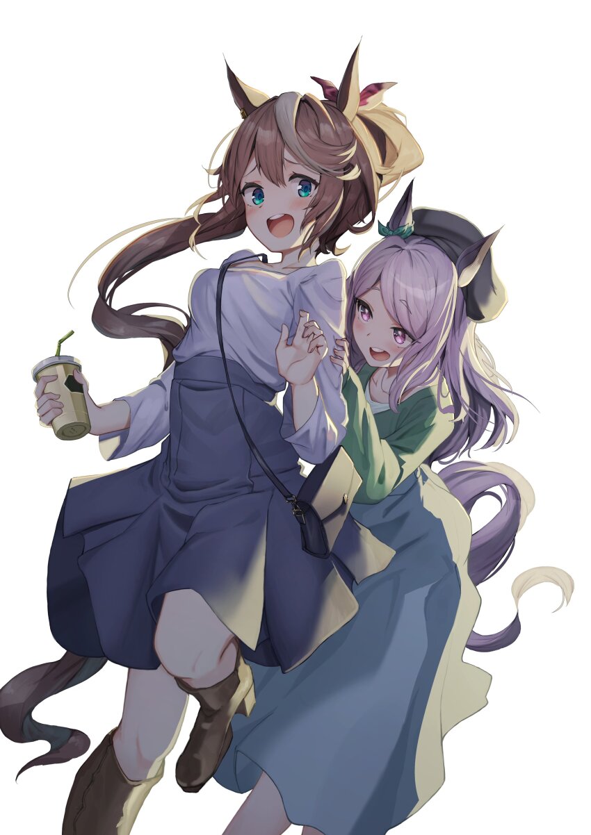 2girls :d absurdres alternate_costume animal_ears bag beret between_breasts black_bag black_headwear blue_eyes blue_skirt boots bow breasts brown_footwear brown_hair casual cup disposable_cup ear_ribbon green_ribbon green_sweater grey_skirt hair_bow handbag hat high_ponytail highres holding holding_cup horse_ears horse_girl horse_tail jacket leg_up long_hair long_skirt long_sleeves medium_breasts mejiro_mcqueen_(umamusume) multicolored_hair multicolored_jacket multiple_girls open_mouth pink_bow ponytail purple_eyes purple_hair ribbon shirt simple_background skirt smile strap_between_breasts streaked_hair sweater swept_bangs tail tokai_teio_(umamusume) tsujiya_okuyasu two-tone_hair two-tone_jacket umamusume white_background white_hair white_jacket white_shirt