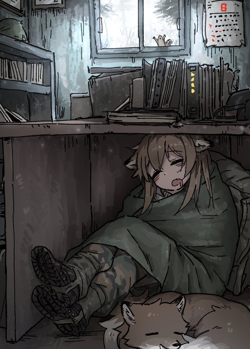 absurdres animal_ears calendar_(object) desk fox fox_ears fox_girl fox_girl_(yihan_world) highres open_mouth original sleeping squirrel squirrel_tail tail window yihan_world