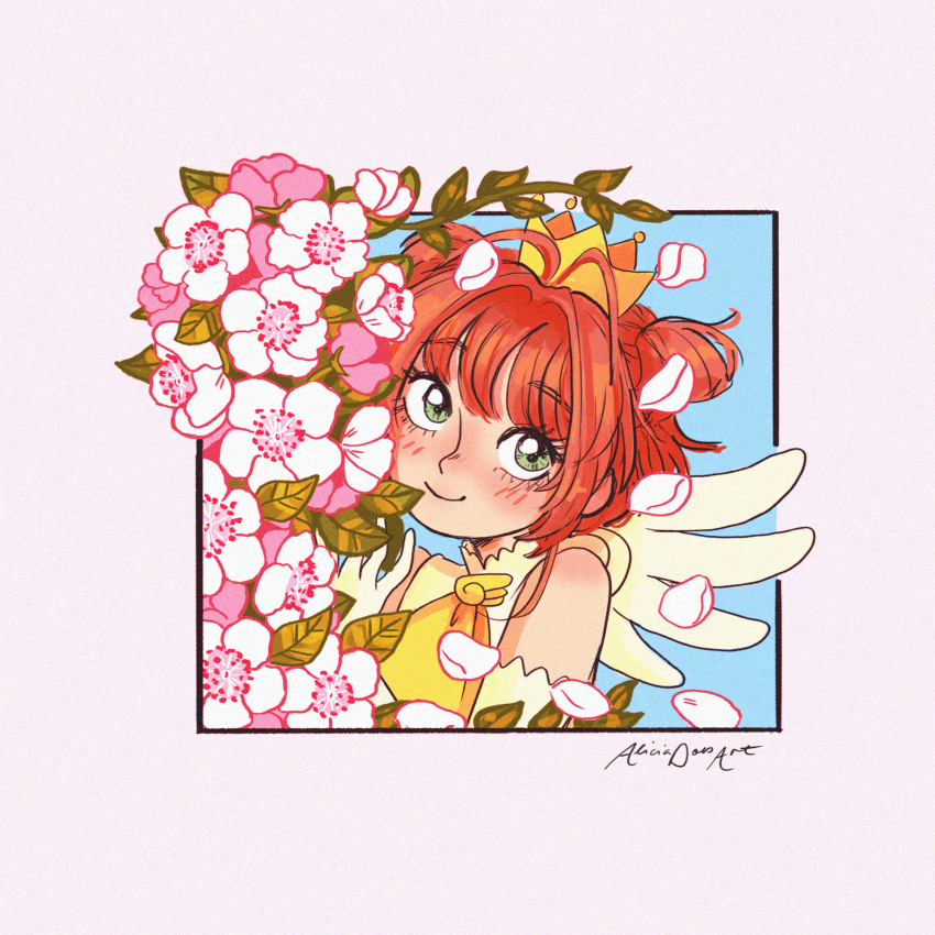 1girl alicia_rose artist_name blue_sky blush brown_hair cardcaptor_sakura cherry_blossoms commentary crown dress elbow_gloves english_commentary gloves green_eyes hair_intakes halterneck highres kinomoto_sakura kinomoto_sakura_(miraculous_sakura) magical_girl short_hair sky sleeveless smile solo upper_body wings yellow_dress
