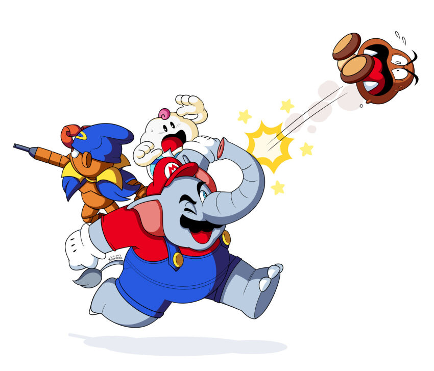 3boys arm_cannon elephant_mario facial_hair geno_(mario) goomba grin hat highres mallow_(mario) mario mario_(series) multiple_boys mustache nintendo one_eye_closed overalls power-up puppet running smile super_mario_bros._wonder super_mario_rpg weapon