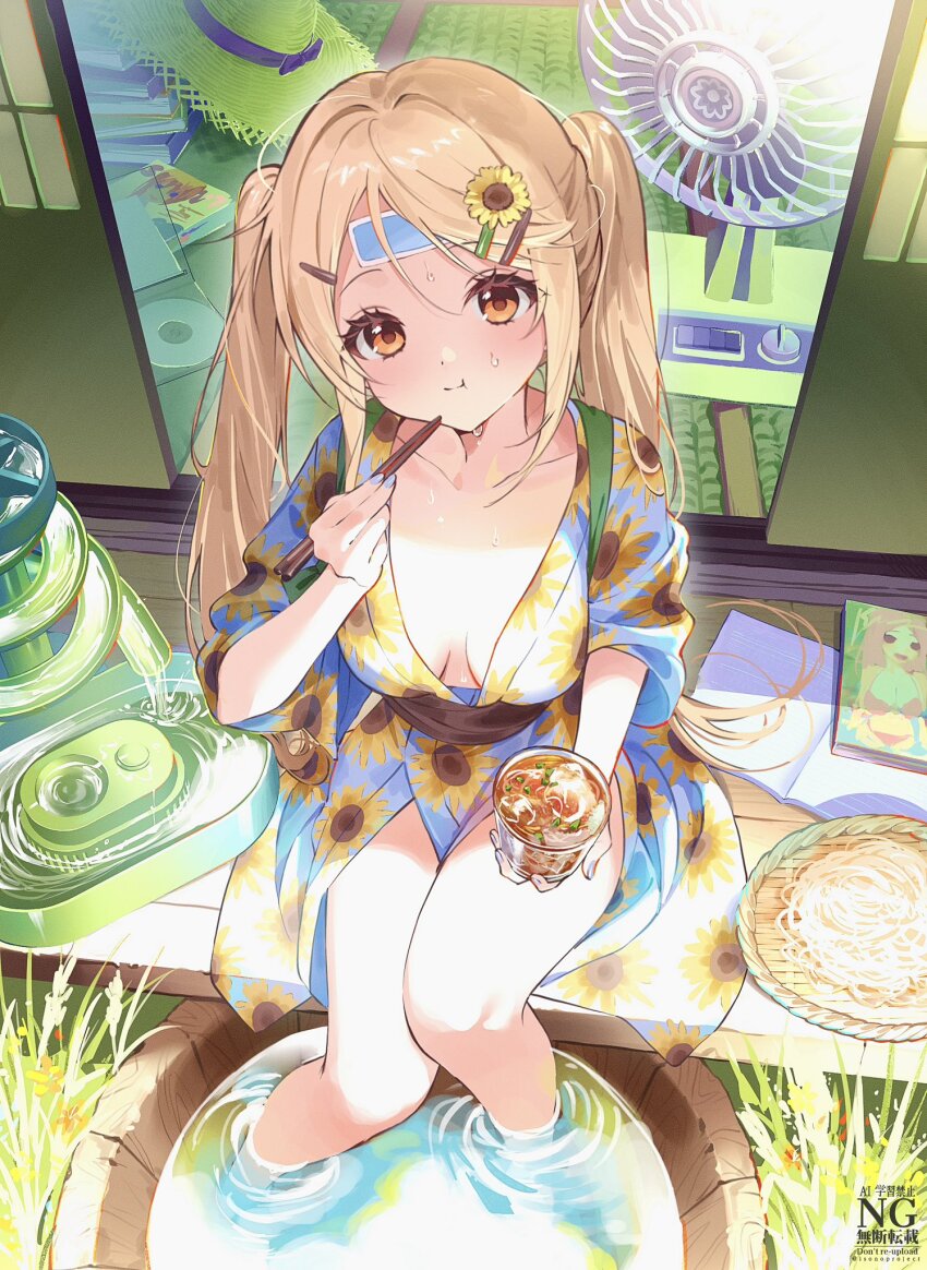 1girl :t blonde_hair blue_kimono blue_nails book breasts brown_sash bucket cd chopsticks commentary_request cup drink eating electric_fan fanning_self fingernails floral_print floral_print_kimono food grass hair_ornament hairclip hat highres holding holding_chopsticks holding_cup isono_(isonoproject) japanese_clothes kimono long_fingernails long_hair looking_at_viewer magazine_(object) medium_breasts nail_polish noodles obi original print_kimono sash shade shouji sitting sliding_doors soaking_feet solo soumen straw_hat sun_hat sunflower_print sweat twintails veranda very_long_hair water wooden_bucket yellow_eyes