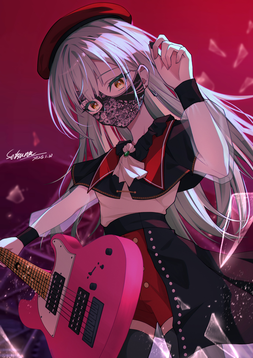 1girl absurdres apron bang_dream! bang_dream!_it&#039;s_mygo!!!!! black_cape black_mask black_pantyhose black_skirt cape commentary_request dated earrings electric_guitar green_background green_hair guitar hand_up highres holding holding_guitar holding_instrument holding_plectrum instrument jewelry long_hair long_sleeves looking_at_viewer mask mortis_(bang_dream!) mortis_(costume)_(bang_dream!) mouth_mask pantyhose pantyhose_under_shorts plectrum red_shoes see-through_clothes see-through_sleeves setsuna_0430 shirt shoes shorts signature skirt solo wakaba_mutsumi white_apron white_shirt yellow_eyes