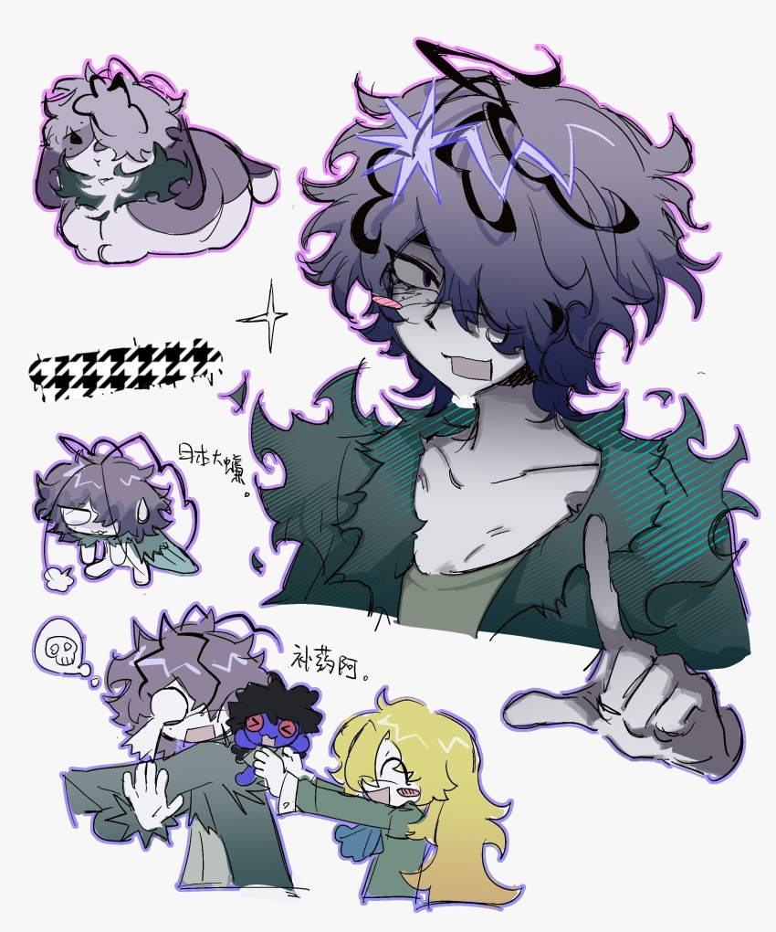 &gt;_&lt; 1boy 1girl ^_^ absurdres animalization ascot black_hair blonde_hair blue_ascot blush_stickers chinese_commentary chinese_text closed_eyes commentary_request crying doll_(ib) garry_(ib) green_jacket green_shirt highres ib_(ib) ib_(kouri) index_finger_raised jacket long_hair mary_(ib) mole mole_under_eye multiple_views o_o open_clothes open_jacket open_mouth outline purple_eyes purple_hair purple_outline rabbit scared shirt simple_background single_blush_sticker smile streaming_tears tears translation_request white_background xiboliya_suanxing_shengwu