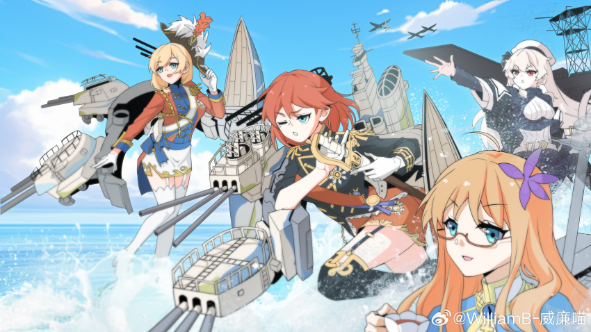 4girls absurdres ahoge aircraft airplane bird blonde_hair blue_eyes chaser_(warship_girls_r) cloud cloudy_sky cup epaulettes flower garter_straps glasses gloves hair_flower hair_ornament hairband highres holding hood_(warship_girls_r) long_hair machinery military military_uniform military_vehicle multiple_girls nelson_(warship_girls_r) ocean one_eye_closed red_eyes red_hair rodney_(warship_girls_r) ship ship_turret short_hair sky sword teacup thighhighs warship warship_girls_r water watercraft watermark weapon weibo_watermark white_gloves white_hair williamb