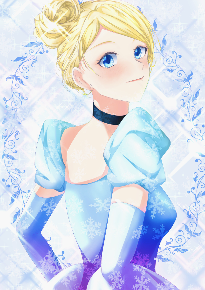 1girl absurdres blonde_hair blue_dress blue_eyes choker cinderella_(disney_character) cinderella_(disney_movie) disney dress earrings elbow_gloves gloves hair_bun hairband highres jewelry looking_at_viewer princess short_hair smile solo user_gdku3823