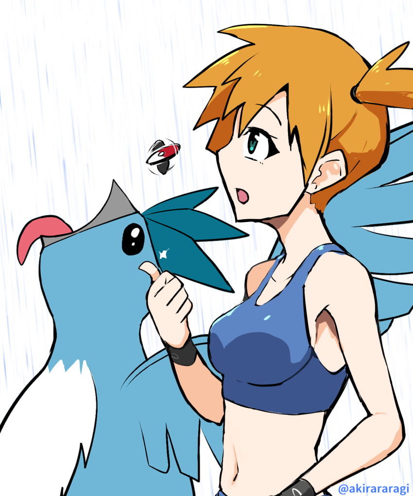 1girl a-kiraa_(whisper) articuno bikini bird black_eyes blue_bikini breasts coin collarbone drinking gen_1_pokemon goku_and_vegeta_in_the_rain_(meme) green_eyes highres legendary_pokemon looking_up meme misty_(pokemon) navel nintendo open_mouth pokemon pokemon_(creature) pokemon_frlg pokemon_tcg pokemon_tcg_pocket ponytail rain side_ponytail sideboob swimsuit tongue tongue_out water white_background wings