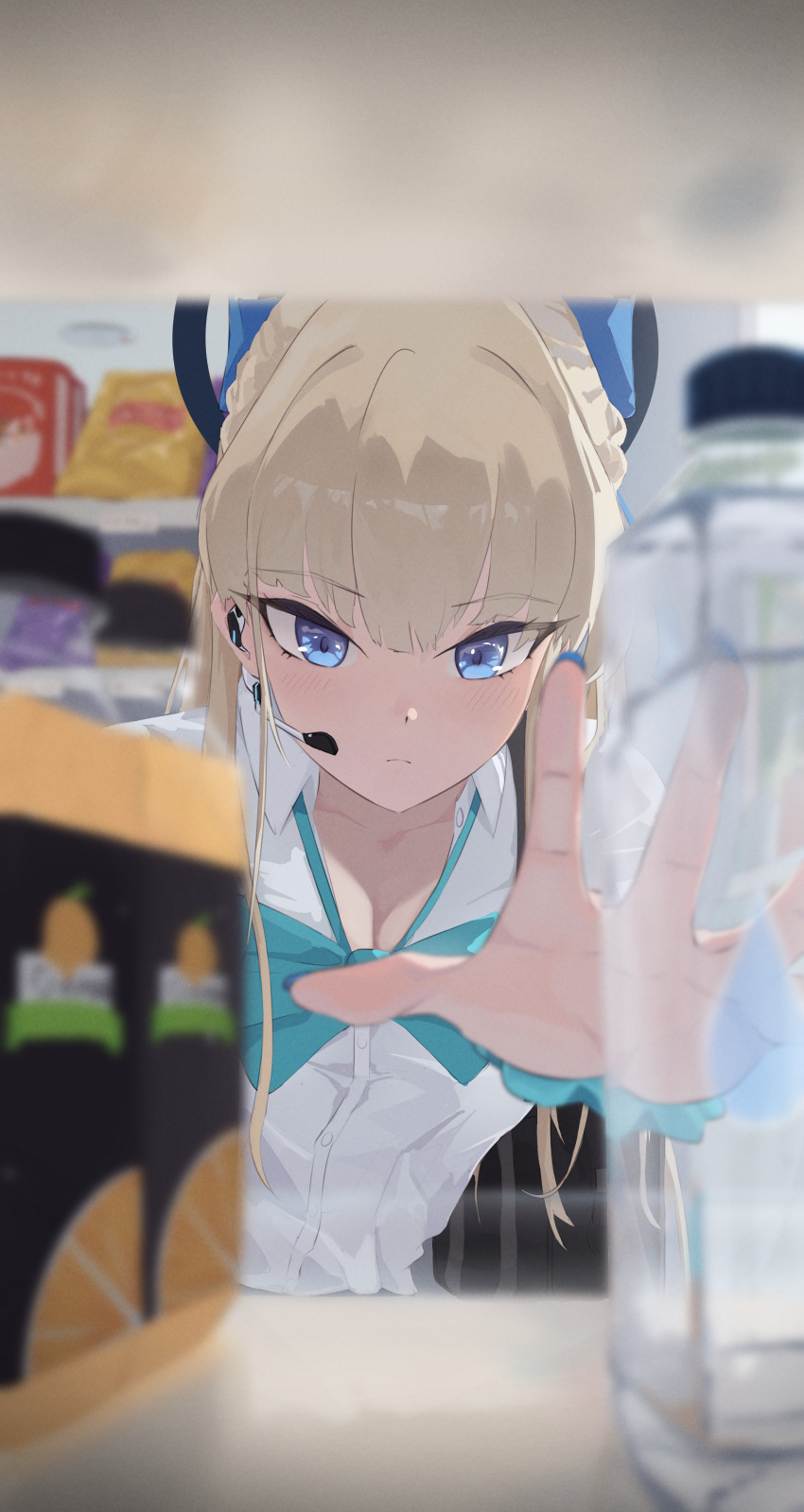 1girl absurdres alternate_costume blonde_hair blue_archive blue_eyes blurry blush bottle closed_mouth commentary depth_of_field earpiece eien_001 expressionless highres indoors long_hair looking_at_viewer reaching reaching_towards_viewer school_uniform solo toki_(blue_archive) water_bottle