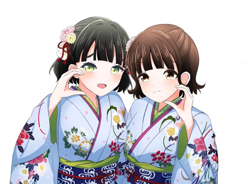 2girls 4th_live_dream_~bloom_the_dream_believers~ animification black_hair blue_kimono blue_sash blunt_bangs blush bob_cut brown_hair closed_mouth commentary_request daime_(hyahhaa10) flipped_hair floral_print floral_print_kimono flower flower_stand_art green_eyes hair_flower hair_ornament half-heart_hands highres japanese_clothes kimono link!_like!_love_live! long_sleeves looking_at_viewer love_live! momose_ginko multiple_girls obi obiage obijime print_kimono raised_inner_eyebrows real_life sakurai_hina sash short_hair simple_background smile split_mouth upper_body virtual_youtuber voice_actor voice_actor_connection white_background