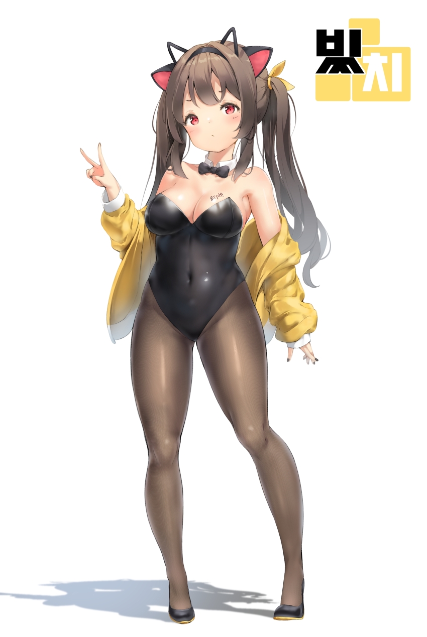 1girl absurdres animal_ear_hairband animal_ears arm_up bare_shoulders black_leotard black_pantyhose black_shoes body_writing bow bowtie breasts brown_eyes brown_hair cat_ear_hairband cat_ears character_name cleavage commentary_request commission commissioner_upload covered_navel detached_collar fake_animal_ears frown groin hairband highres jacket keibeam kittysuit korean_commentary legs leotard long_hair mole mole_under_eye nontraditional_playboy_bunny off_shoulder original pantyhose prunechi second-party_source shoes solo strapless strapless_leotard thighs twintails v yellow_jacket