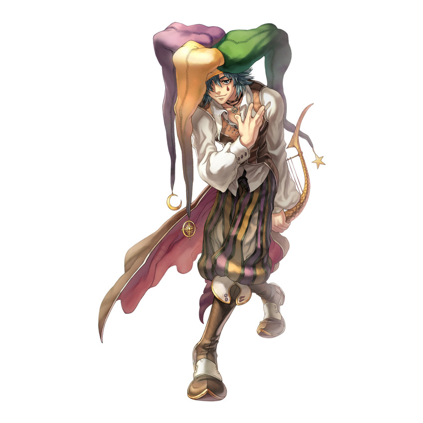1boy 2000s_(style) baggy_pants blue_eyes blue_hair boots bowing brown_boots brown_cape brown_pants brown_vest cape closed_mouth clown_(ragnarok_online) collared_shirt crescent crescent_hat_ornament facial_tattoo full_body green_hat hair_between_eyes hair_over_one_eye hand_on_own_chest hat hat_ornament heel_up highres holding holding_instrument instrument jester_cap long_bangs lyre male_focus multicolored_hat myung-jin_lee official_art pants peace_symbol purple_hat ragnarok_online red_cape shirt short_hair simple_background smile solo star_(symbol) star_hat_ornament sun_hat_ornament tachi-e tattoo teardrop_tattoo transparent_background two-sided_cape two-sided_fabric vest waist_cape white_shirt yellow_hat