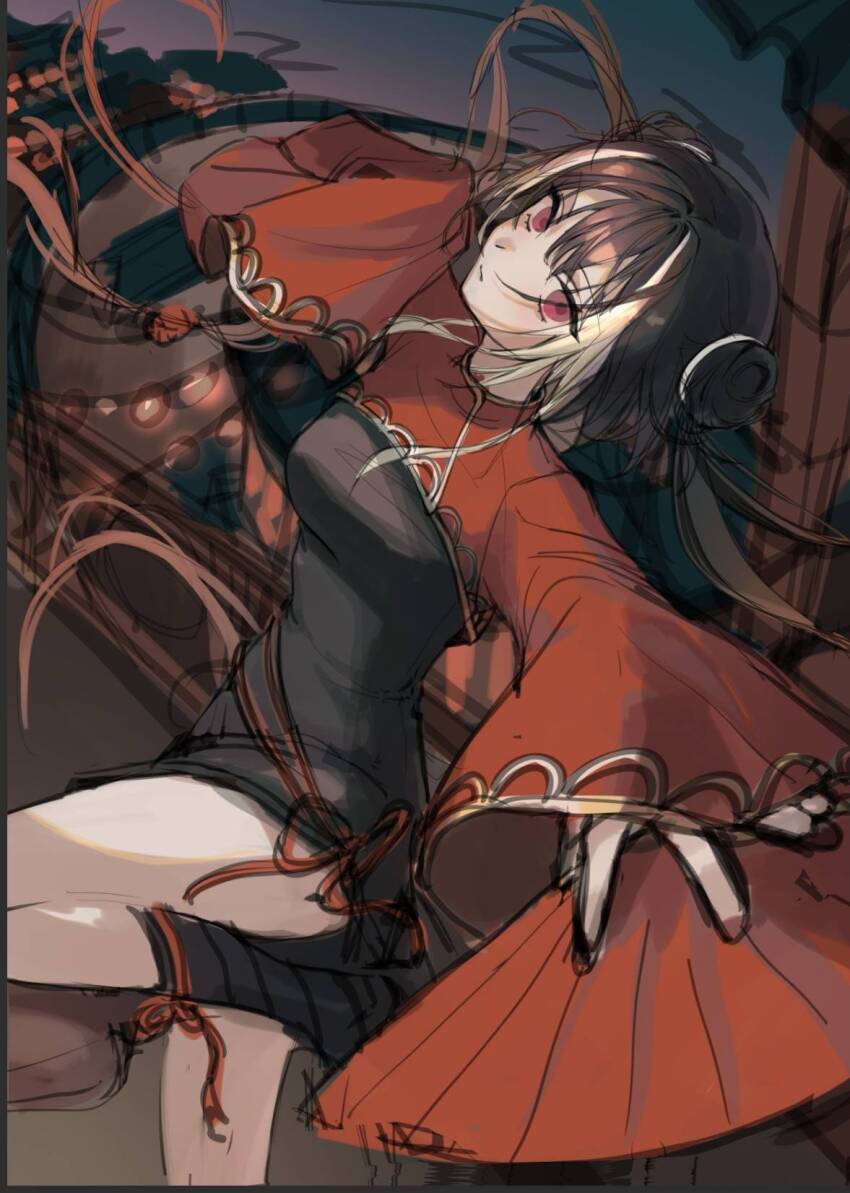 1girl black_hair black_socks china_dress chinese_clothes dark double_bun dress foot_out_of_frame full_body hair_bun hand_fan highres holding holding_fan incoming_attack jia_xichun_(project_moon) leg_ribbon limbus_company looking_at_viewer multicolored_hair night offering_hand outstretched_hand project_moon red_eyes ribbon serious socks solo streaked_hair til_0816 torso_twist waist_ribbon wide_sleeves