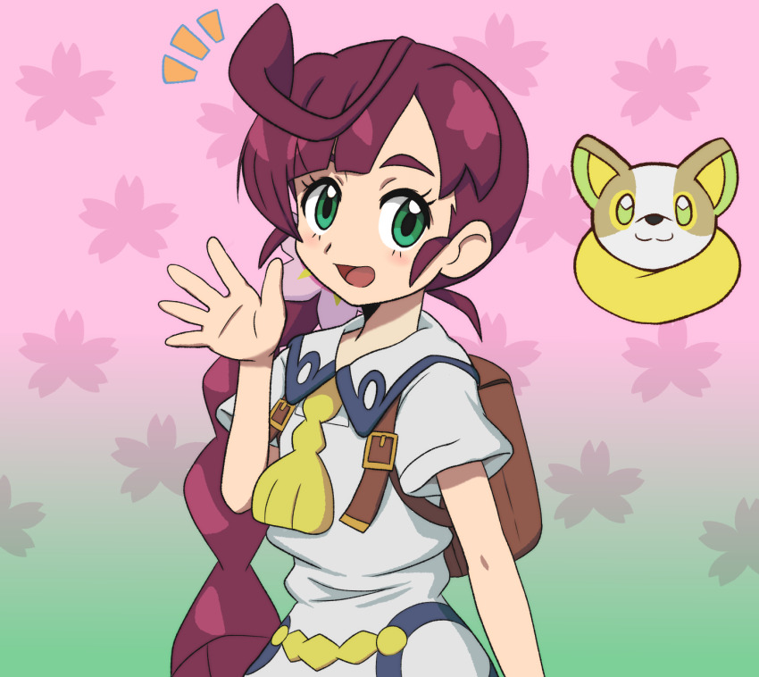 1girl :d ahoge backpack bag brown_bag chloe_(pokemon) collared_dress commentary_request dress eyelashes game_freak gen_8_pokemon green_eyes hand_up highres long_hair looking_at_viewer nintendo notice_lines open_mouth pokemon pokemon_(anime) pokemon_(creature) pokemon_journeys short_sleeves smile takamame tongue yamper