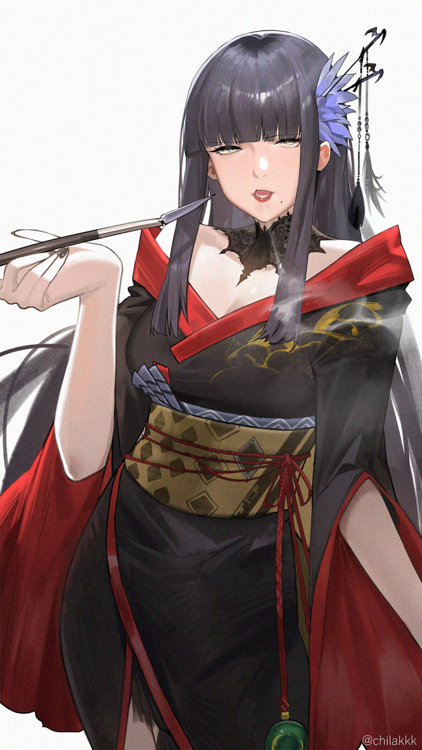 1girl artist_name bat_hair_ornament black_collar black_hair black_kimono black_nails blowing_smoke blunt_bangs breasts chilakkk cleavage collar cowboy_shot final_fantasy final_fantasy_xiv flower green_eyes hair_flower hair_ornament hair_stick half-closed_eyes hand_up highres hime_cut holding holding_smoking_pipe hyur inrou japanese_clothes kimono kiseru lace_collar long_hair looking_at_viewer mole mole_under_mouth nail_polish obi obiage obijime off_shoulder open_mouth red_trim sash sidelocks simple_background smoke smoking smoking_pipe solo standing straight_hair white_background yotsuyu_goe_brutus