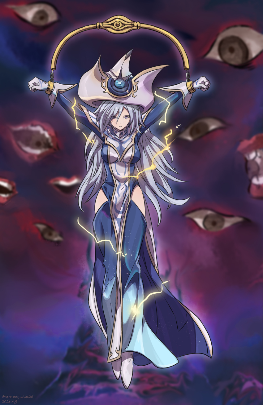 1girl absurdres blue_dress bound disembodied_eye disembodied_mouth dress duel_monster electricity electrocution gloves grey_hair hanging hat highres hip_vent long_hair looking_at_viewer nero_augustus restrained silent_magician tied_up_(nonsexual) white_gloves white_hat wizard_hat yu-gi-oh!
