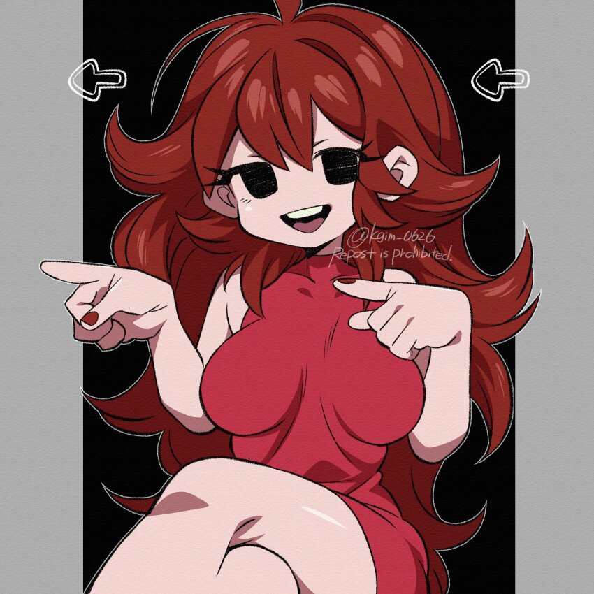 1girl :d absurdres ahoge arrow_(symbol) bare_arms bare_shoulders black_background black_eyes breasts commentary crossed_legs double-parted_bangs dress empty_eyes friday_night_funkin&#039; girlfriend_(friday_night_funkin&#039;) hair_behind_ear hair_between_eyes hair_flaps highres kageimo long_hair looking_at_viewer medium_breasts nail_polish no_pupils open_mouth outside_border pillarboxed pointing pointing_to_the_side red_dress red_hair red_nails round_teeth simple_background sitting sleeveless sleeveless_dress smile solo teeth tongue upper_teeth_only watermark