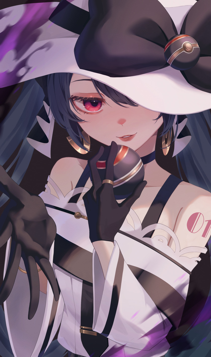 1girl absurdres black_choker bow bracelet choker collarbone commentary_request dark_miku_(project_voltage) earrings eyelashes gloves hands_up hat hat_bow hatsune_miku highres holding holding_poke_ball jewelry long_hair luxury_ball nagi-negitoro nintendo off_shoulder parted_lips pink_eyes poke_ball pokemon project_voltage ring shoulder_tattoo smile solo sun_hat tattoo twintails vocaloid white_hat