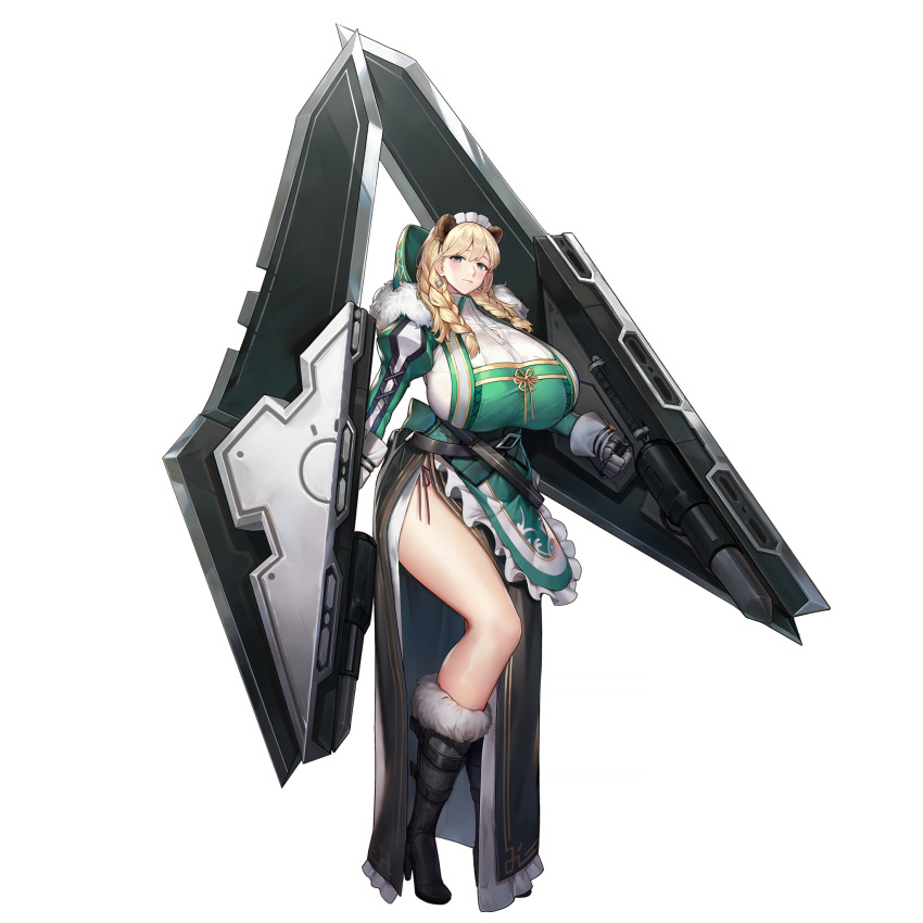 1girl animal_ears apron armored_gloves bear_ears bear_girl bear_tail belt black_belt black_boots blonde_hair blue_eyes boots braid breasts closed_mouth dirndl dual_wielding earrings extra_ears frigga_(last_origin) frilled_apron frills full_body fur-trimmed_boots fur_trim gauntlets german_clothes gigantic_breasts gloves gold_trim hair_between_eyes half-skirt high_heel_boots high_heels highres holding holding_shield holding_weapon huge_breasts jam_(nandade) jewelry lace last_origin layered_skirt long_skirt looking_at_viewer maid_headdress mole mole_under_mouth official_art panties panty_peek pigeon-toed shield side-tie_panties side_slit simple_background skindentation skirt smile solo standing string_panties tachi-e tail thighs third-party_source transparent_background twin_braids underwear weapon white_gloves