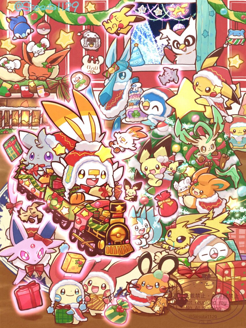 alcremie bow cake christmas christmas_ornaments christmas_tree closed_eyes commentary creatures_(company) dedenne delibird espeon espurr flareon food game_freak gen_1_pokemon gen_2_pokemon gen_3_pokemon gen_4_pokemon gen_6_pokemon gen_7_pokemon gen_8_pokemon gift glaceon gokuaku_rabbit hat highres indoors jirachi jolteon leafeon legendary_pokemon milcery mimikyu minun mouth_hold mythical_pokemon nintendo no_humans pachirisu pawmi pichu pikachu piplup plusle poke_ball pokemon pokemon_(creature) ribbon rowlet santa_hat scorbunny sleeping spheal star_(symbol) stuffed_toy tandemaus telekinesis train tree window wooloo