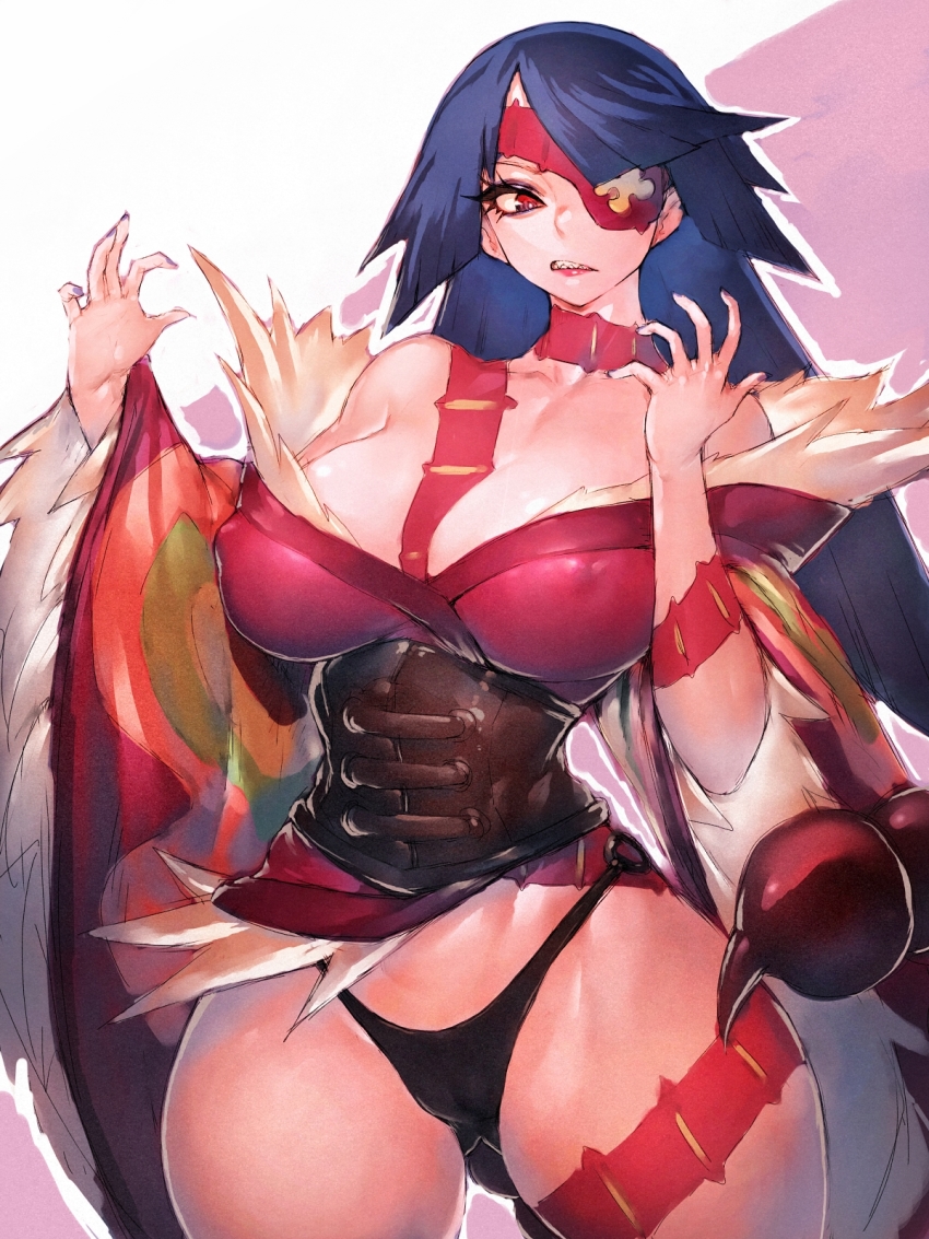 1girl adiane bare_shoulders black_panties blue_hair breasts cleavage corset covered_erect_nipples dress eyepatch foreshortening fumio_(rsqkr) fur_trim highres large_breasts lipstick long_hair long_sleeves makeup off_shoulder oversized_limbs panties parted_lips purple_hair red_eyes scorpion scorpion_tail sharp_teeth smirk solo standing tail tattoo teeth tengen_toppa_gurren_lagann thick_thighs thighs thong underwear wide_hips