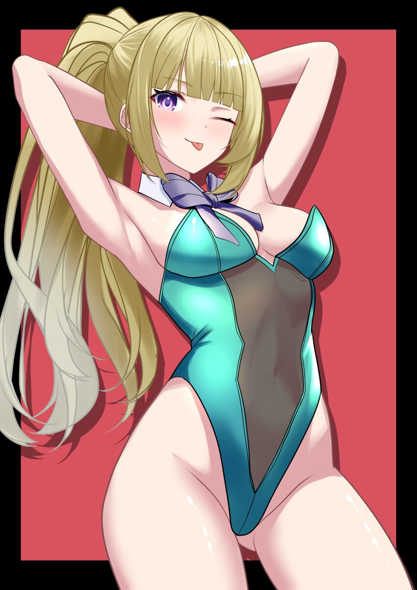 1girl absurdres aqua_leotard armpits arms_behind_back arms_up bare_arms bare_shoulders black_bow black_bowtie blonde_hair blunt_bangs bow bowtie breasts closed_mouth collar covered_navel cowboy_shot detached_collar gluteal_fold highleg highleg_leotard highres karuizawa_kei leotard long_hair looking_at_viewer medium_breasts one_eye_closed playboy_bunny ponytail purple_eyes red_background see-through_clothes see-through_leotard simple_background sleeveless smile solo strapless strapless_leotard thighs tongue tongue_out white_collar xueli_shimazaki youkoso_jitsuryoku_shijou_shugi_no_kyoushitsu_e