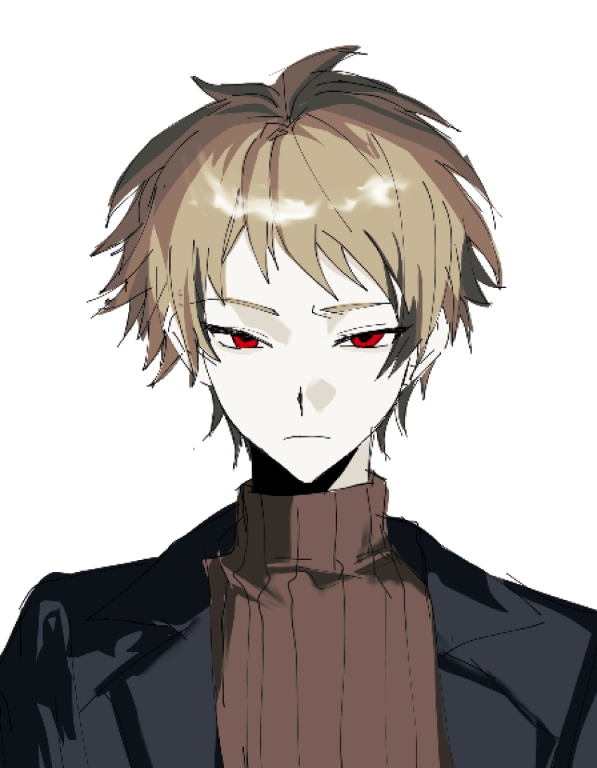 1boy atou_haruki black_jacket blonde_hair brown_sweater chinese_commentary closed_mouth commentary_request frown highres jacket lapels looking_at_viewer male_focus notched_lapels open_clothes open_jacket pale_skin portrait red_eyes ribbed_sweater saibou_shinkyoku shan_zou_yige_shen_zi short_bangs short_hair simple_background solo sweater turtleneck turtleneck_sweater white_background