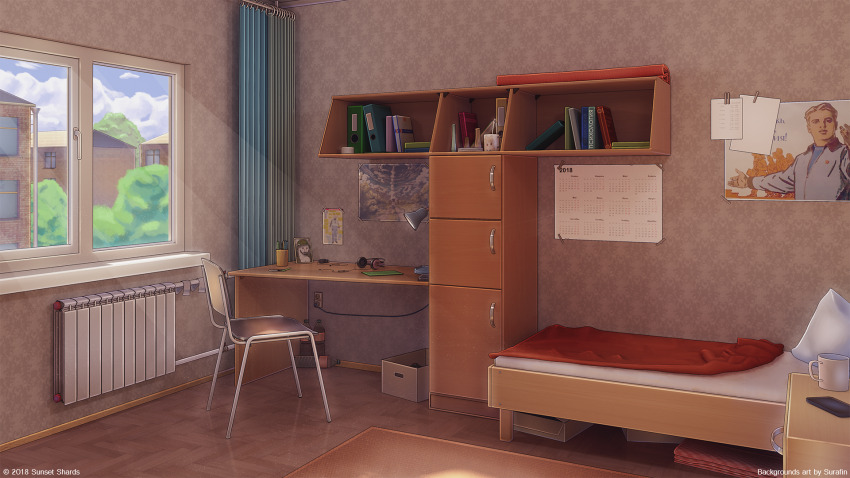 3d bed blanket blue_sky bottle building cabinet calendar_(object) carpet cloud cloudy_sky curtains day desk headphones highres house indoors interior light_rays notepad original pillow poster_(object) scenery shelf sky sunlight surafin table tree window window_shadow wooden_floor