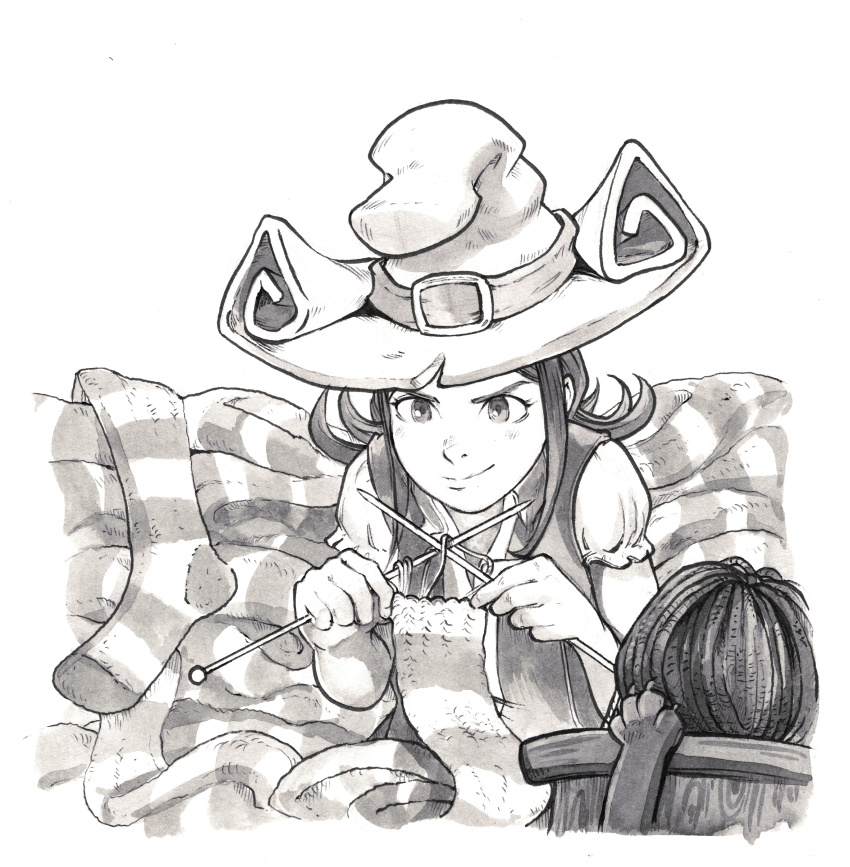 1girl absurdres belt breasts carrot_(pepper&amp;carrot) cat david_revoy hat highres knitting knitting_needle long_hair monochrome needle partially_unbuttoned pepper&amp;carrot pepper_(pepper&amp;carrot) puffy_short_sleeves puffy_sleeves scarf short_sleeves sitting smile socks table vest witch_hat