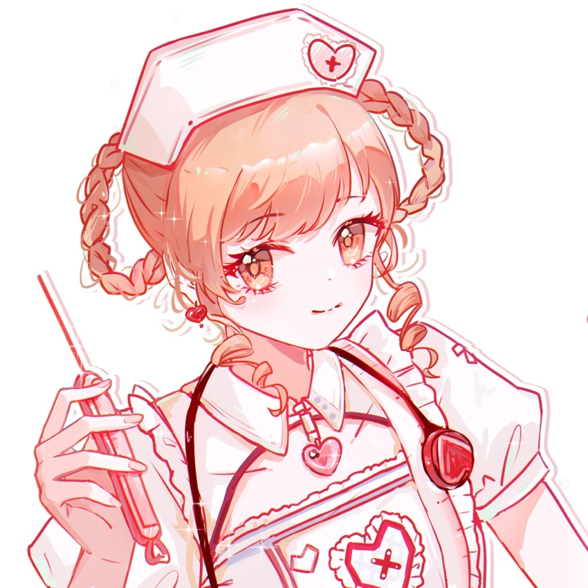 1girl bare_arms blonde_hair blunt_bangs braid braided_hair_rings brown_eyes brown_pubic_hair center_frills chazui_ranyi chinese_commentary closed_mouth collar collarbone commentary_request cross cross_print detached_collar dot_nose dress earrings eyelashes fingernails frilled_dress frills hair_rings halftone happy hat heart heart_collar heart_earrings heart_print highres holding holding_syringe infinity_nikki jewelry light_blush lips looking_at_viewer mismatched_earrings nikki_(series) no_gloves nurse nurse_cap outline puffy_short_sleeves puffy_sleeves red_cross ringlets short_hair_with_long_locks short_sleeves simple_background smile solo square_neckline stethoscope stethoscope_around_neck sweet_diagnosis_(infinity_nikki) swept_bangs syringe upper_body white_background white_collar white_dress white_hat white_outline
