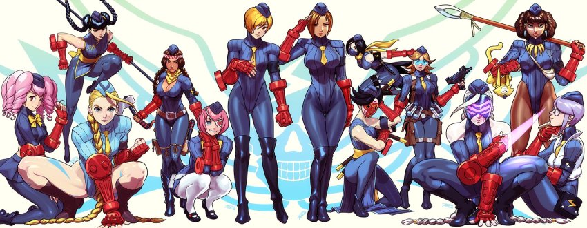 1990s_(style) 6+girls adapted_costume ahoge ankle_boots annotated aprile arm_blade armband axe bad_id bad_twitter_id belt_pouch black_footwear black_hair blonde_hair blue_eyes blue_legwear blue_leotard blue_theme bob_cut boots braid breasts brown_eyes brown_footwear brown_hair brown_legwear cammy_white capcom china_dress chinese_clothes cleavage clenched_hand covered_mouth dark-skinned_female dark_skin decapre double_bun dress drill_hair earrings energy energy_blade energy_weapon enero eyepatch fevrier fingerless_gloves garrison_cap glasses gloves grin gun hair_bun hair_over_one_eye hat headband heart highleg highleg_leotard highres holster huge_ahoge jewelry jianyu juli_(street_fighter) juni_(street_fighter) knee_boots kneeling kunai large_breasts leotard light_purple_hair long_hair machine_pistol maerz mary_janes marz marz_(street_fighter) mask medium_breasts miniskirt monkey mouth_mask multiple_girls native_american necklace necktie ninja noembelu official_art on_one_knee over-kneehighs pantyhose pink_eyes pink_hair polearm pouch red_gloves retro_artstyle ribbed_leotard robaato salute santamu satsuki_(street_fighter) scar scarf semi-rimless_eyewear shoes short_hair shoulder_pads sitting skirt sleeved_leotard sleeveless smile spear spread_legs squatting staff street_fighter street_fighter_v street_fighter_zero_(series) submachine_gun textless_version thigh_holster thighhighs three_section_staff tooth_necklace turtleneck twin_braids udon_entertainment under-rim_eyewear uzi very_dark_skin vest visor weapon white_legwear wrist_blade xiayu yellow_eyes