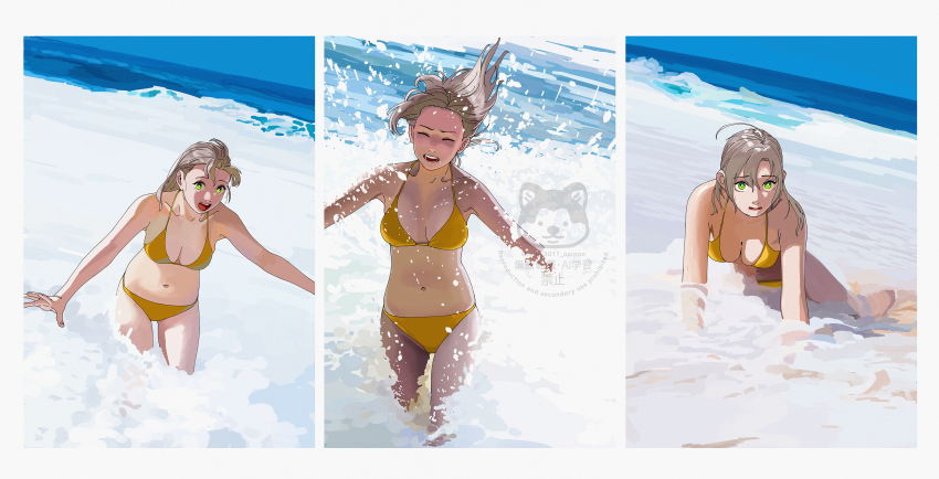 1girl absurdres antenna_hair arm_up beach bikini blue_sky border breasts bright_pupils cleavage closed_eyes closed_mouth collarbone day dutch_angle green_eyes grey_hair highres kantai_collection kinugasa_(kancolle) leaning_forward looking_at_viewer lying medium_breasts medium_hair multiple_views navel ocean ojipon on_side outdoors running sky swimsuit wading water watermark waves white_pupils yellow_bikini