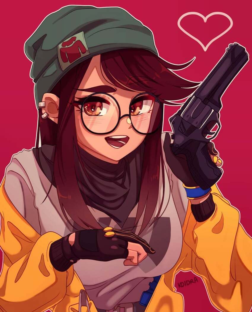 1girl beanie black-framed_eyewear earrings glasses gloves green_hat gun handgun hat heart highres holding holding_gun holding_weapon jacket jewelry killjoy_(valorant) koidra looking_at_viewer open_mouth orange_eyes orange_jacket orange_nails partially_fingerless_gloves red_background revolver round_eyewear simple_background solo upper_body valorant weapon